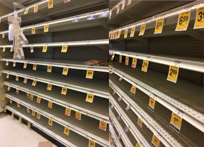 Photos of empty aisles in the grocery store.